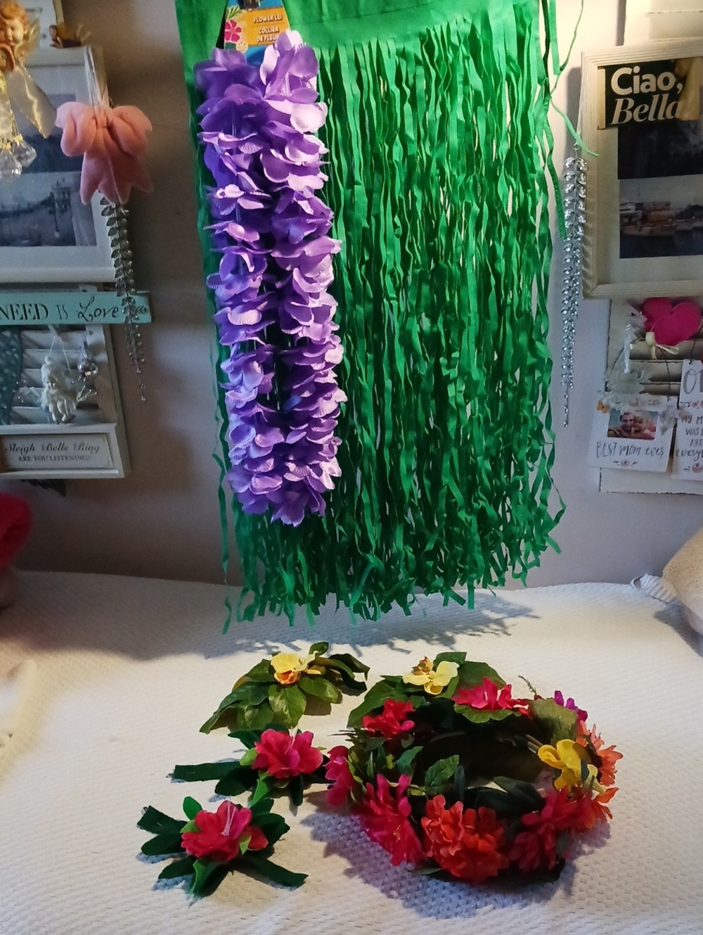 Gorgeous! Tropical Floral Lei and Grass Skirt Set - Purple Fushia Green Costume